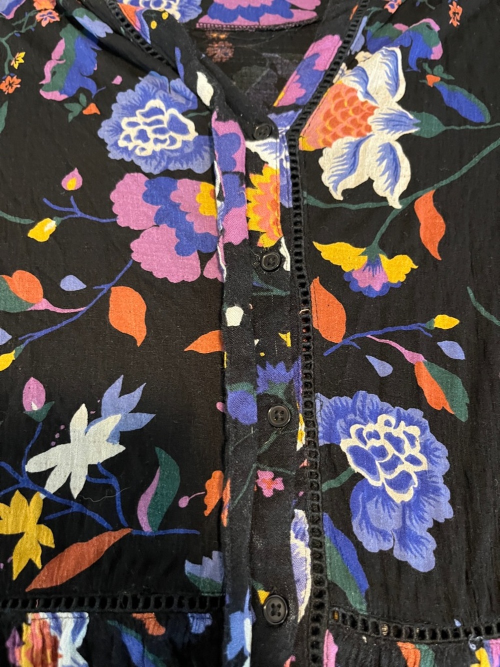 Anthropologie Black Floral Blouse with Purple, Blue, Yellow and Orange Flowers - Picture 3 of 8